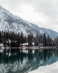 cabins at a lake in the mountains