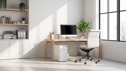 白色の内装の書斎　インテリアイメージ	