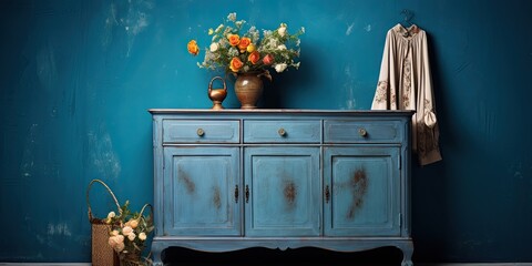 Blue vintage dresser, bouquet, frames, brown room, ethnic dresser, antique cupboard, clothes closet, vanity table - obrazy, fototapety, plakaty