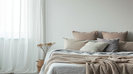 Pastel beige and grey bedding on bed. Minimalist, french country interior design of modern bedroom