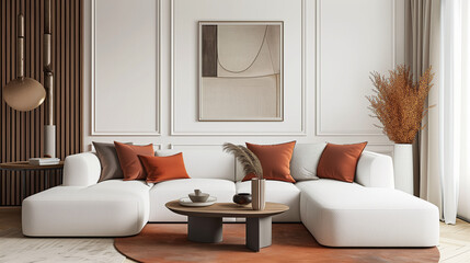 Round coffee table near white corner sofa with terra cotta cushions near paneling wall with art poster. Scandinavian home interior design of modern living room 