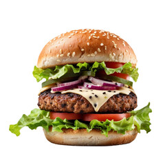 Isolated fresh beef burger on a white background, Single gourmet beef burger with toppings