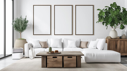 Square coffee table near white sofa and rustic cabinets against white wall with blank poster frames with copy space. Japanese home interior design of modern living room