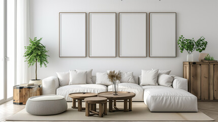 Square coffee table near white sofa and rustic cabinets against white wall with blank poster frames with copy space. Japanese home interior design of modern living room