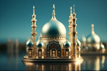 Ramadan Kareem Mosque with Traditional Architecture, on an isolated Mosque Green background, Generative AI