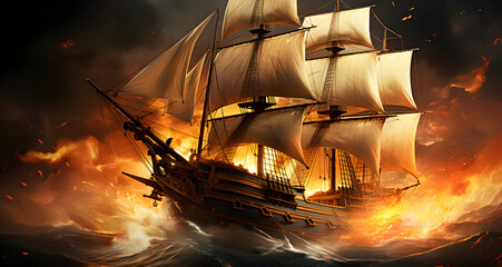 a ship in the air surrounded by flames and smoke