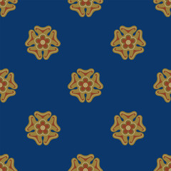 Fototapeta na wymiar Seamless geometrical polka dot pattern with medieval floral motifs. Red and gold round mandalas on blue background.