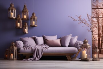 Ramadan Kareem with Cushions and Lanterns, on an isolated Lounge Lavender background, Generative AI