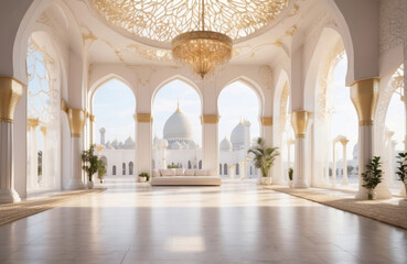 Fototapeta na wymiar interior of a mosque golden and white, shiny natural lighting
