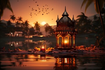 Fototapeta na wymiar Sunset Over a Tropical Beach, Celebrating Ramadan Kareem, on an isolated Sunset Orange background, Generative AI