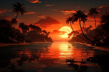 Sunset Over a Tropical Beach, Celebrating Ramadan Kareem, on an isolated Sunset Orange background, Generative AI