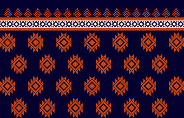 Ethnic ikat art, traditional fabric pattern in navy blue, orange, white that stands out for a unique textile or garment. Vector illustration.