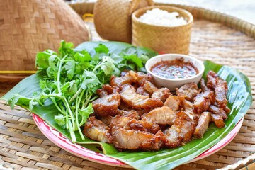 Fried pork with sticky rice and thai style sauce, thai food , thai call Moo tod