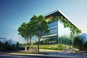Fototapeta na wymiar Step into the future with our eco-friendly glass office building, seamlessly blending sustainability and modern design. A green oasis in the heart of the city, reducing CO2 for a greener tomorrow.