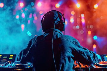 Fototapeta na wymiar a DJ, the DJ is seen from the back of DJ party background