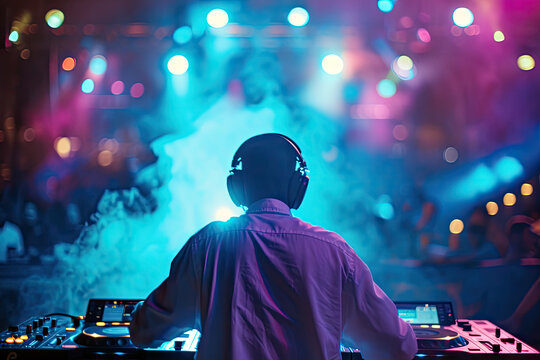 a DJ, the DJ is seen from the back of DJ party background