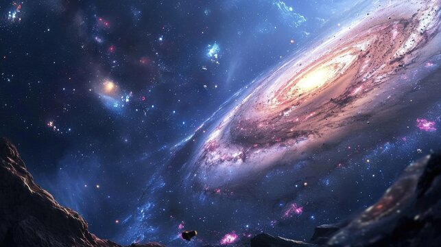 Glowing neon stars and cosmic dust merge to create a breathtaking spiral galaxy a reminder of the vastness of the universe