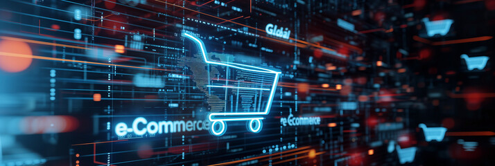 Distribution and logistics concept of global digital internet marketing and business e-commerce banner graphic concept showing global network and social media connection technology. Generative AI