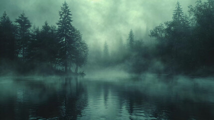 Fototapeta na wymiar Dark horror background with mysterious red moon or circle over a foggy swamp