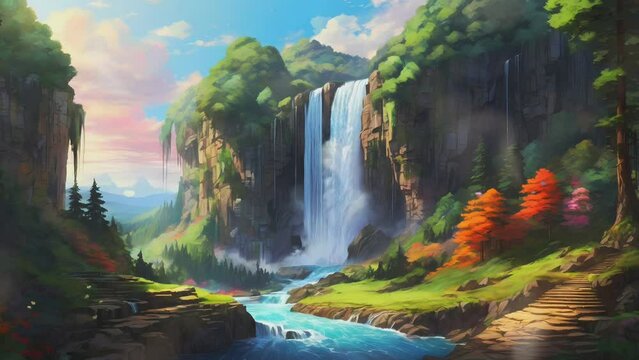 beautiful view of waterfall. anime watercolor painting illustration style. seamless looping time-lapse virtual video animation background