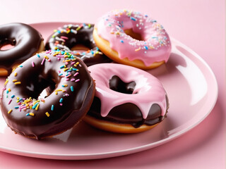 Delicious chocolate donuts displayed on a pastel pink tabletop, set against a charming sweet shop backdrop.