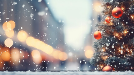 Fototapeta na wymiar Christmas city street winter blurred background, Xmas tree with snow decorated with garland lights