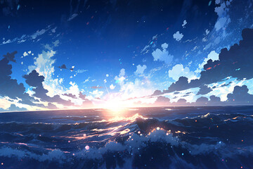 Blue sea landscape illustration, night sea starry sky illustration background illustration