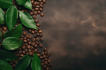 Scattered coffee beans and leaves on black background board with white space, cafe menu, cafe minimalist wallpaper, cafe advertising