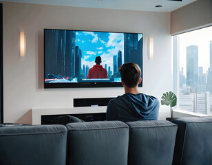 back view of young man watching movie on tv in living room at home