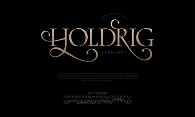 Holdrig premium luxury elegant alphabet letters and numbers. Elegant wedding typography classic serif font decorative vintage retro. Creative vector illustration