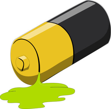 Illustration of a dead or leaked battery with spilled green liquid on a white background