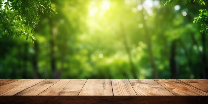 Ideal for photo editing or showcasing products, an empty wooden table with a blurred green forest background and bokeh effect.