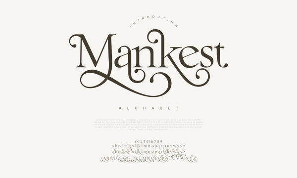 Mankest premium luxury elegant alphabet letters and numbers. Elegant wedding typography classic serif font decorative vintage retro. Creative vector illustration