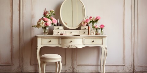 Antique white dressing table with vintage French interior, including retro lamp, vases, and flowers, in a shabby chic room with wooden parquet flooring and painted furniture.