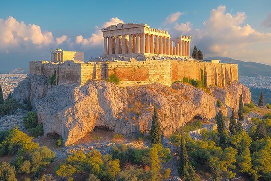 Acropolis, Athens, Greece, aerial view at picturesque sunset, sunrise