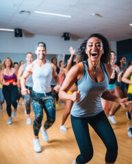 Dynamic Dance Fitness: Spirited Participants Grooving with Joy in a Studio, Celebrating Choreography Practice and Group Performance Applause