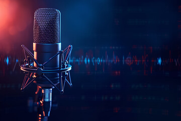 Studio condenser microphone on blurred background with mixer instruments concept