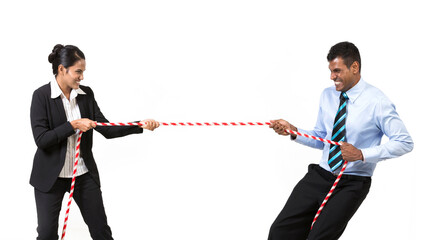 Two Indian business people playing tug war.