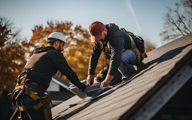 Two men work to tile sheet and repair the roof. - obrazy, fototapety, plakaty