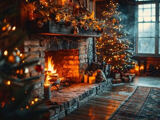 Christmas Fireplace Hearth Fire Tree Lights Wood Cozy Scene Background Wallpaper Image