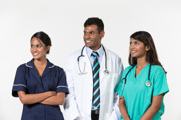 Indian medical team standing on white background