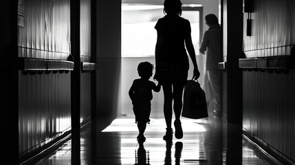 Silhouette Mother and Child Walking in Corridor