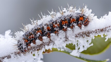 Closeup of a plump woolly bear caterpillar nestled a soft snowflakes its fuzzy body undisturbed and still