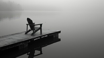 black and white lonely chair on the pier - obrazy, fototapety, plakaty