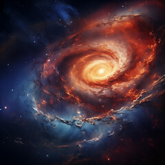 a fiery spiral galaxy amongst gas clouds