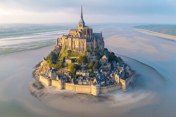 Mont Saint-Michel. Scenic aerial view at sunset, Normandy, France