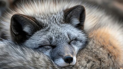 Fototapeta premium Closeup of a contented arctic fox taking a nap with its tail as a cozy blanket over its nose