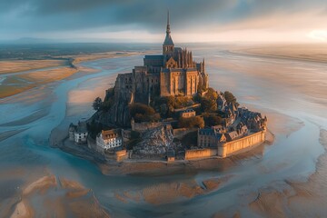 Mont Saint-Michel. Scenic aerial view at sunset, Normandy, France - obrazy, fototapety, plakaty