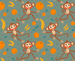 Fototapeta na wymiar Vector seamless pattern with fun kawaii monkey for baby child nursery textile. Vector cartoon doodle flat illustration.
