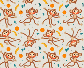 Vector seamless pattern with fun kawaii monkey for baby child nursery textile. Vector  cartoon doodle flat illustration.